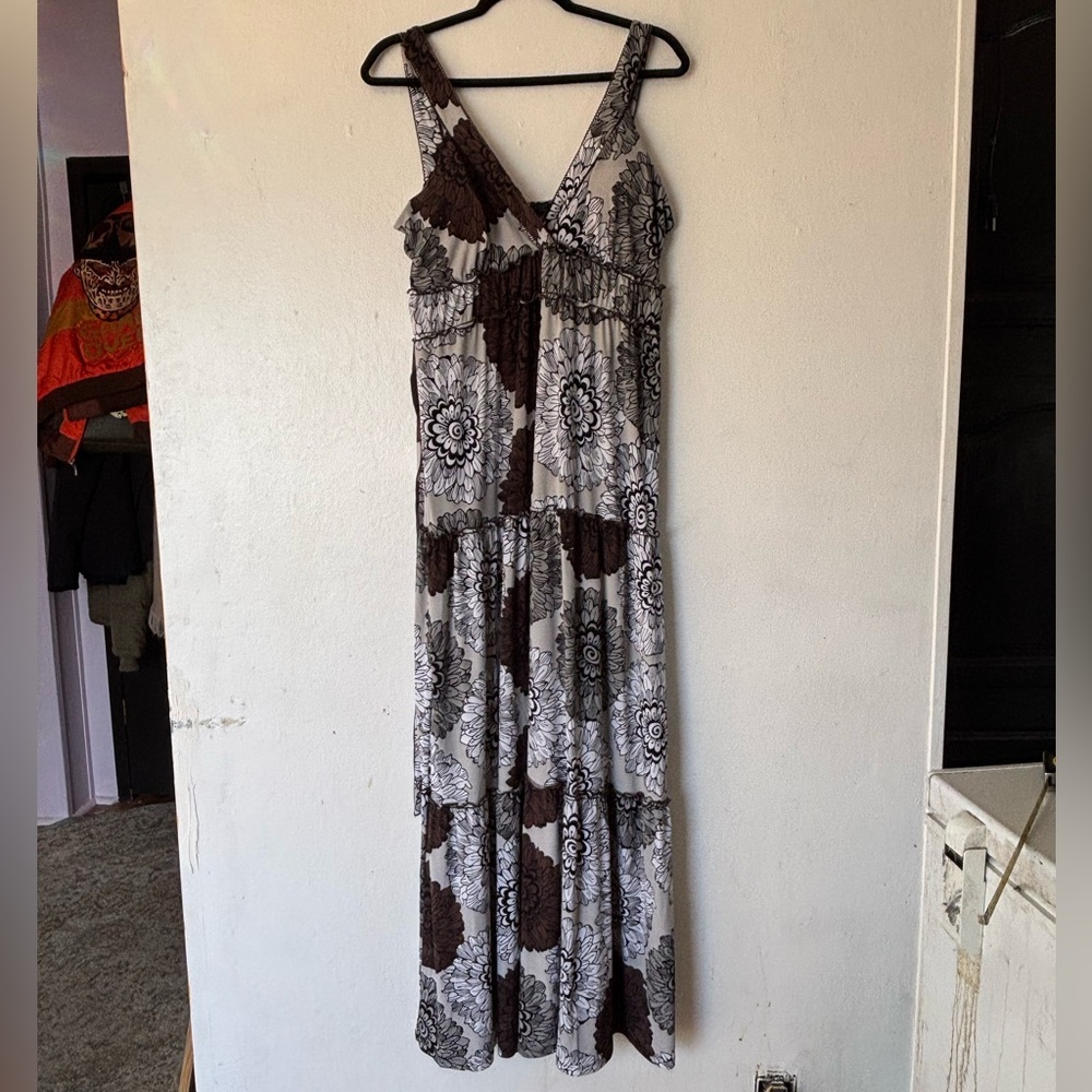 New Directions Maxi Dress Brown Tiered Slinky Floral Cottage Feminine Fairy L